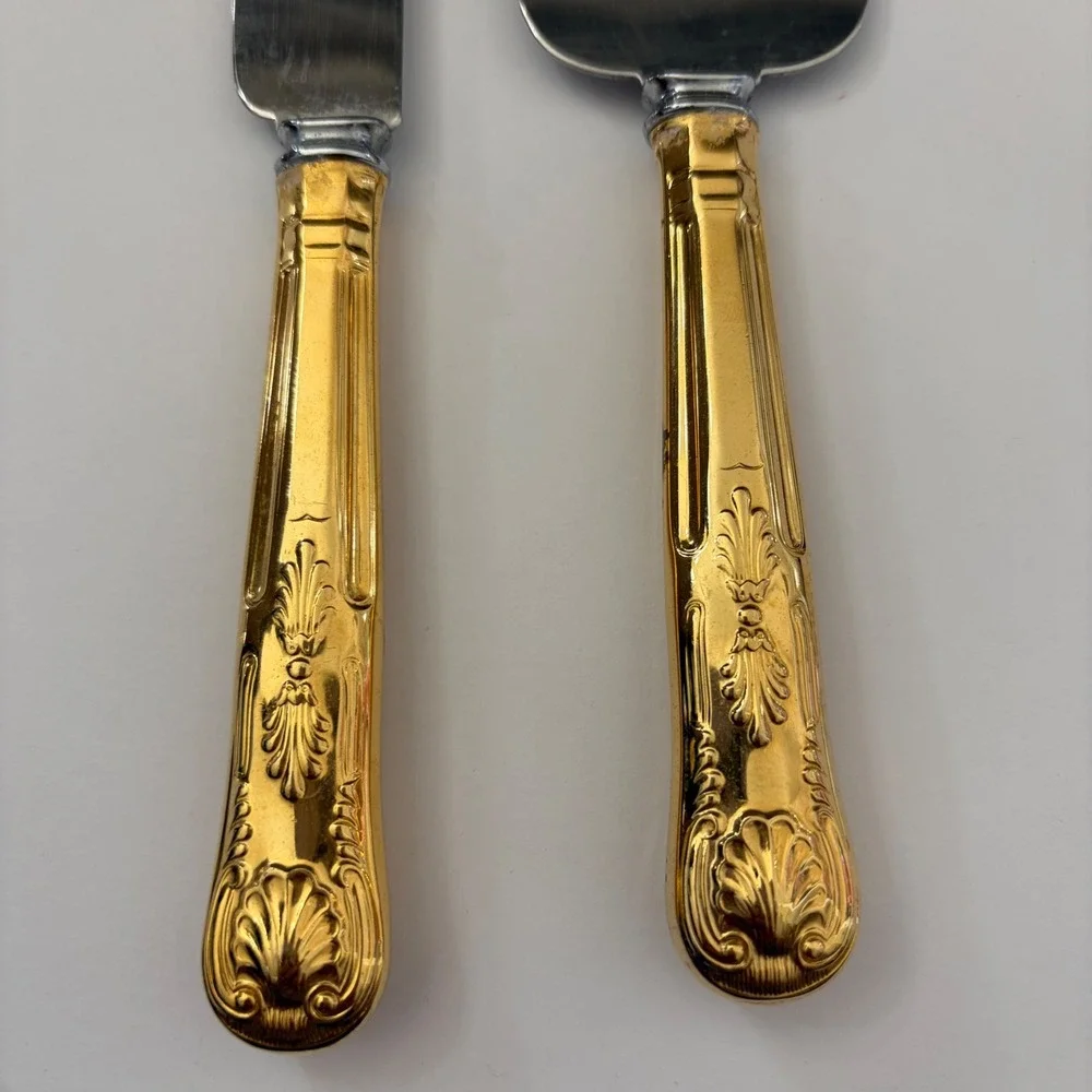 Vintage Sheffield England Stainless Steel Cake Server Knife Set Gold Ornate